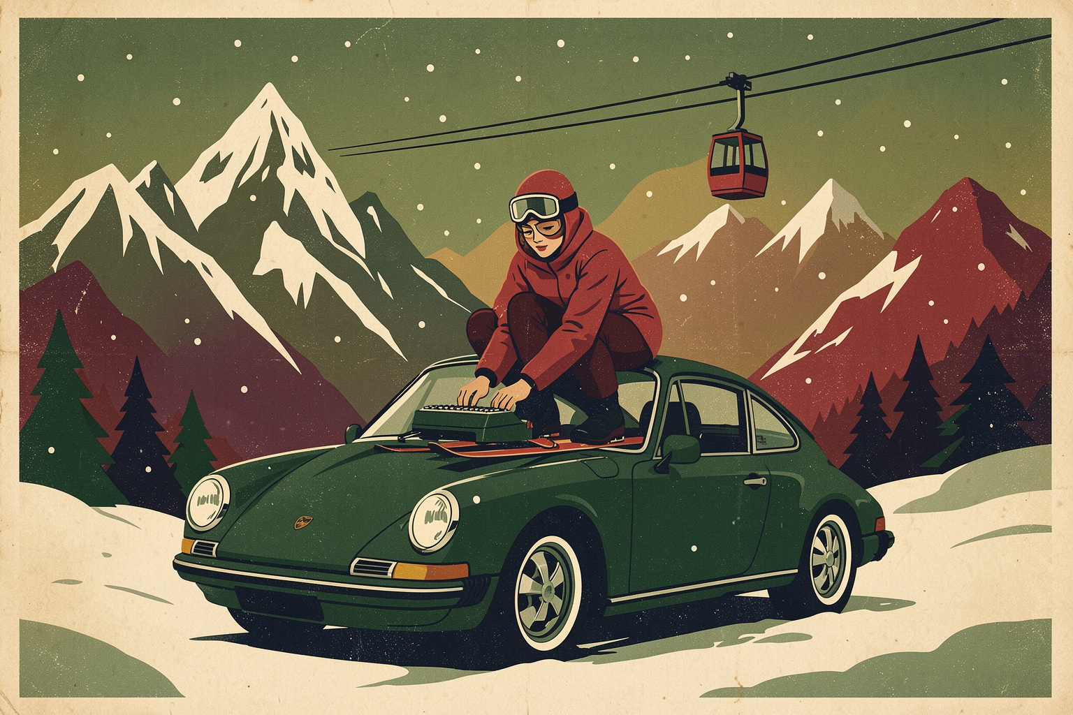 A skier in a red jacket typing on the roof of a classic Porsche among alpine peaks, a red cable car crossing the sky